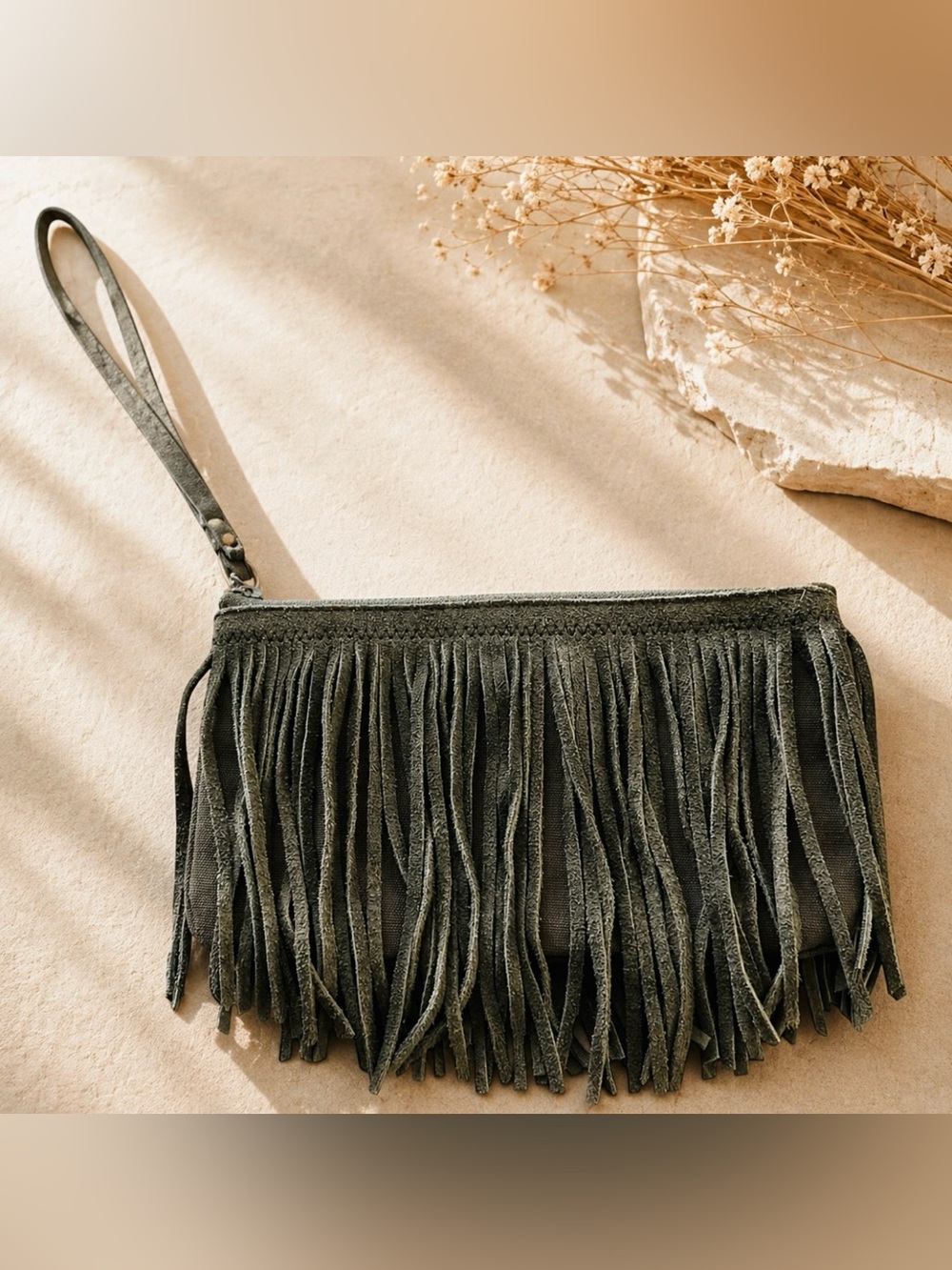 American Eagle Outfitters Fringe Suede Wristlet - Olive Green